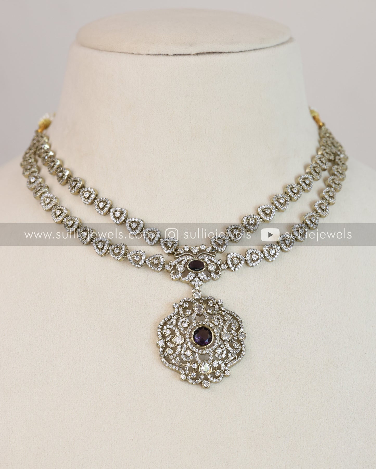 Two Layer Victorian Violet Center Stone Necklace with Earrings