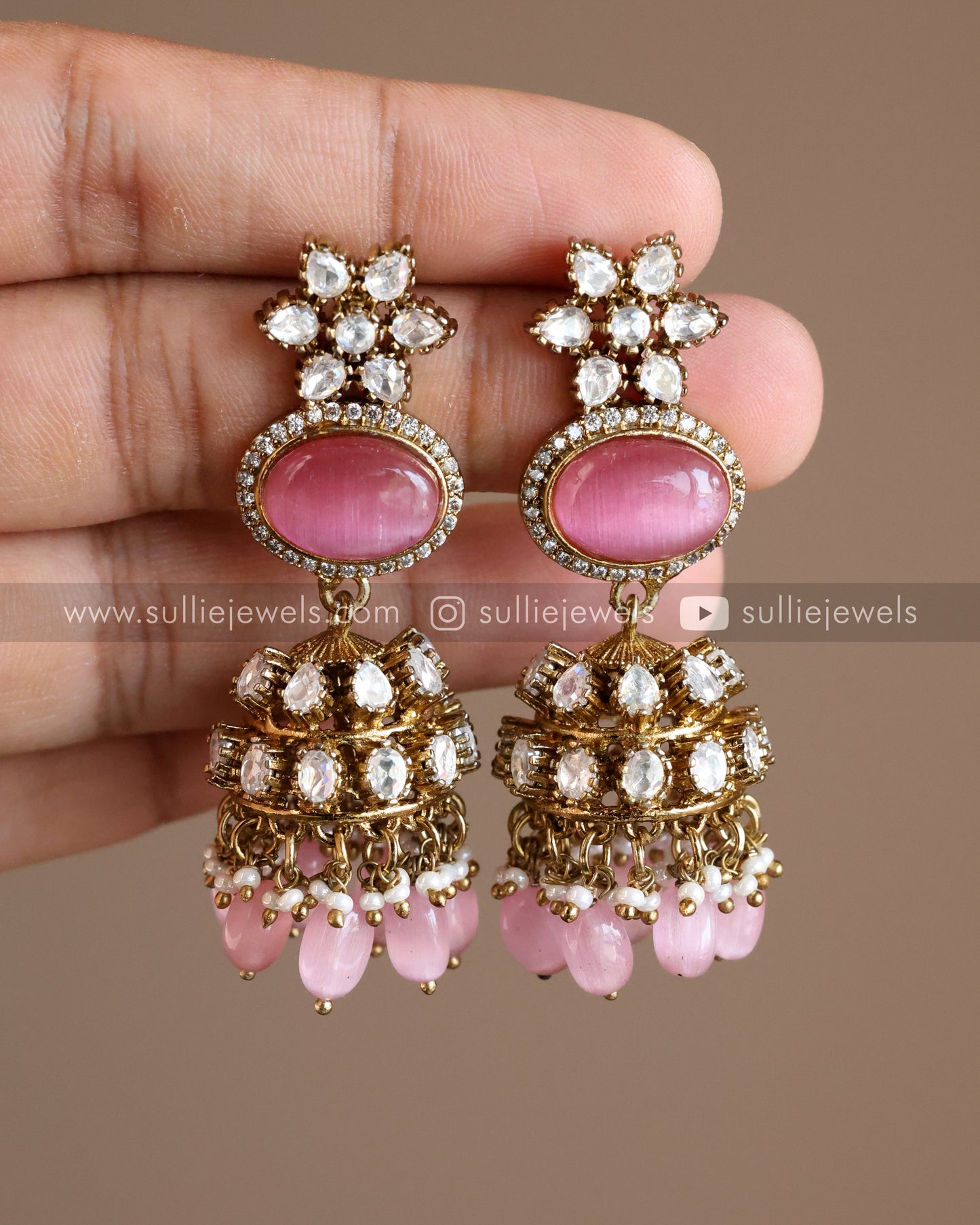 Victorian Premium Pastel Pink Long Chain Haram with Jhumka