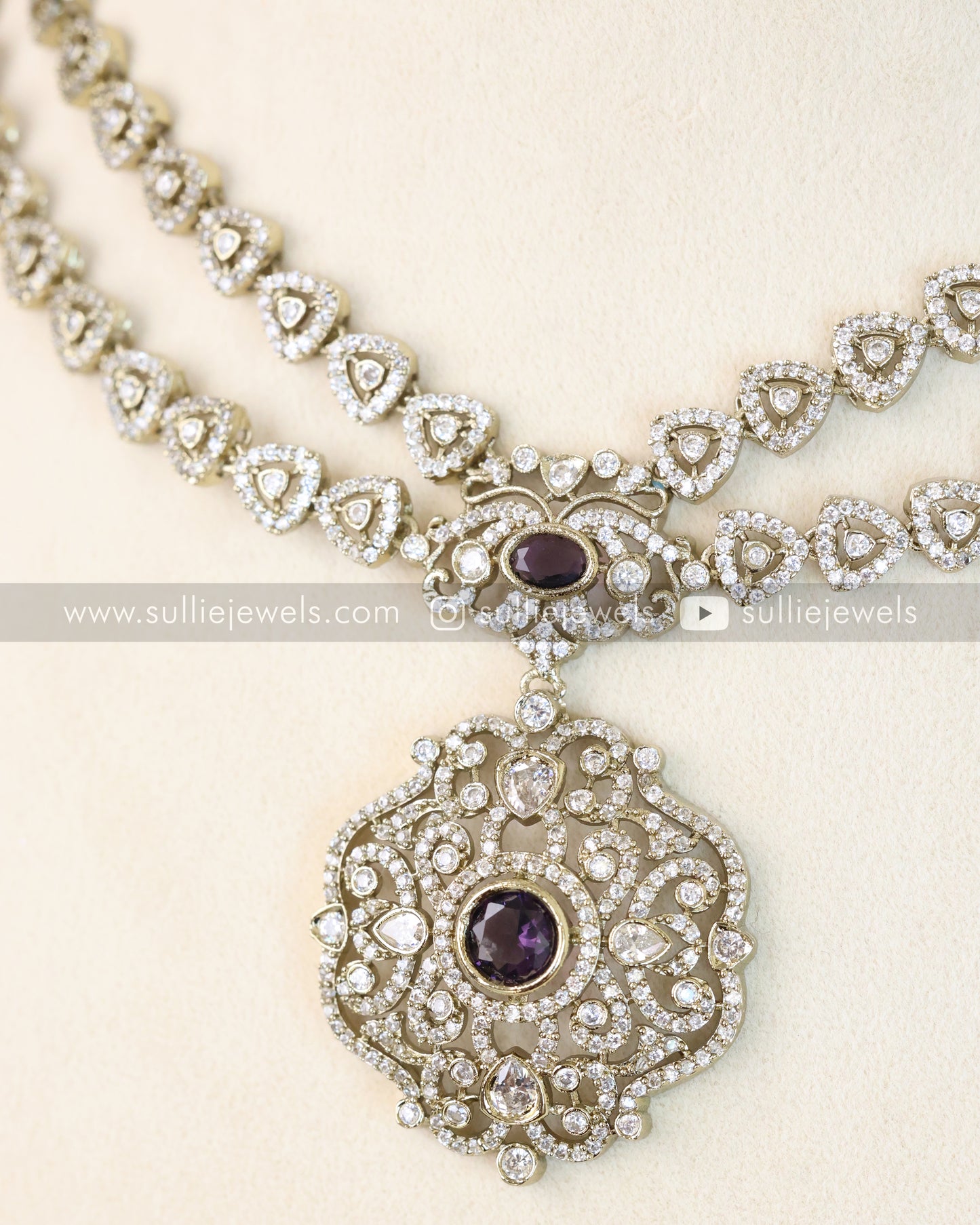 Two Layer Victorian Violet Center Stone Necklace with Earrings