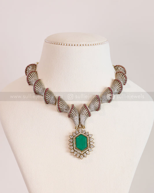 3704 - Emerald Centre Stone Designer Necklace with Stud