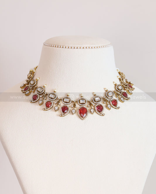 3701 - Ruby Mango Design Polki Necklace with Earrings