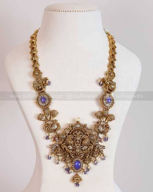 7166 - Premium Violet Peacock Lakshmi Stonework Haaram with Earring