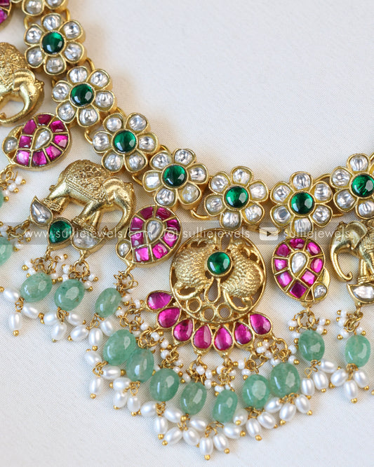 Premium Floral & Elephant Jadau Kemp Necklace - Mint beads