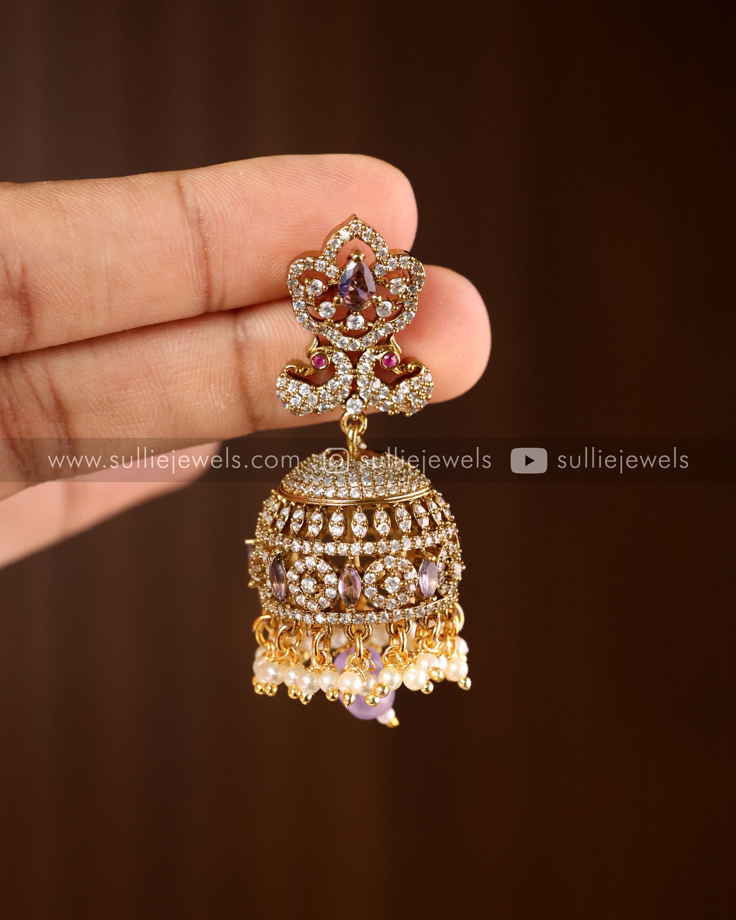 Violet Stone Jhumka with Pearl hangings
