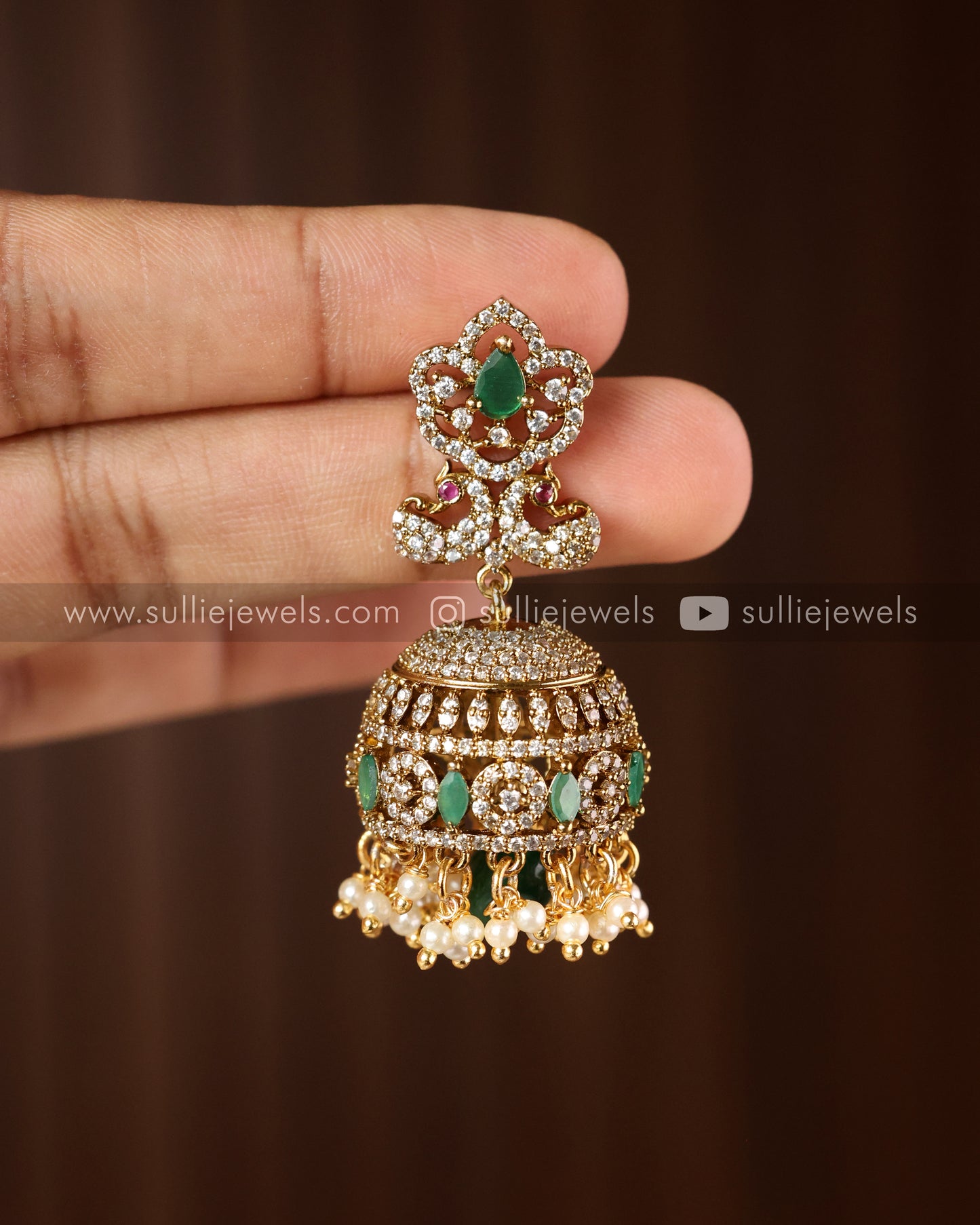 Green Stone Jhumka with Pearl hangings