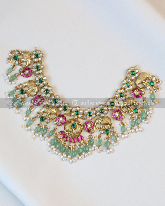 Premium Floral & Elephant Jadau Kemp Necklace - Mint beads