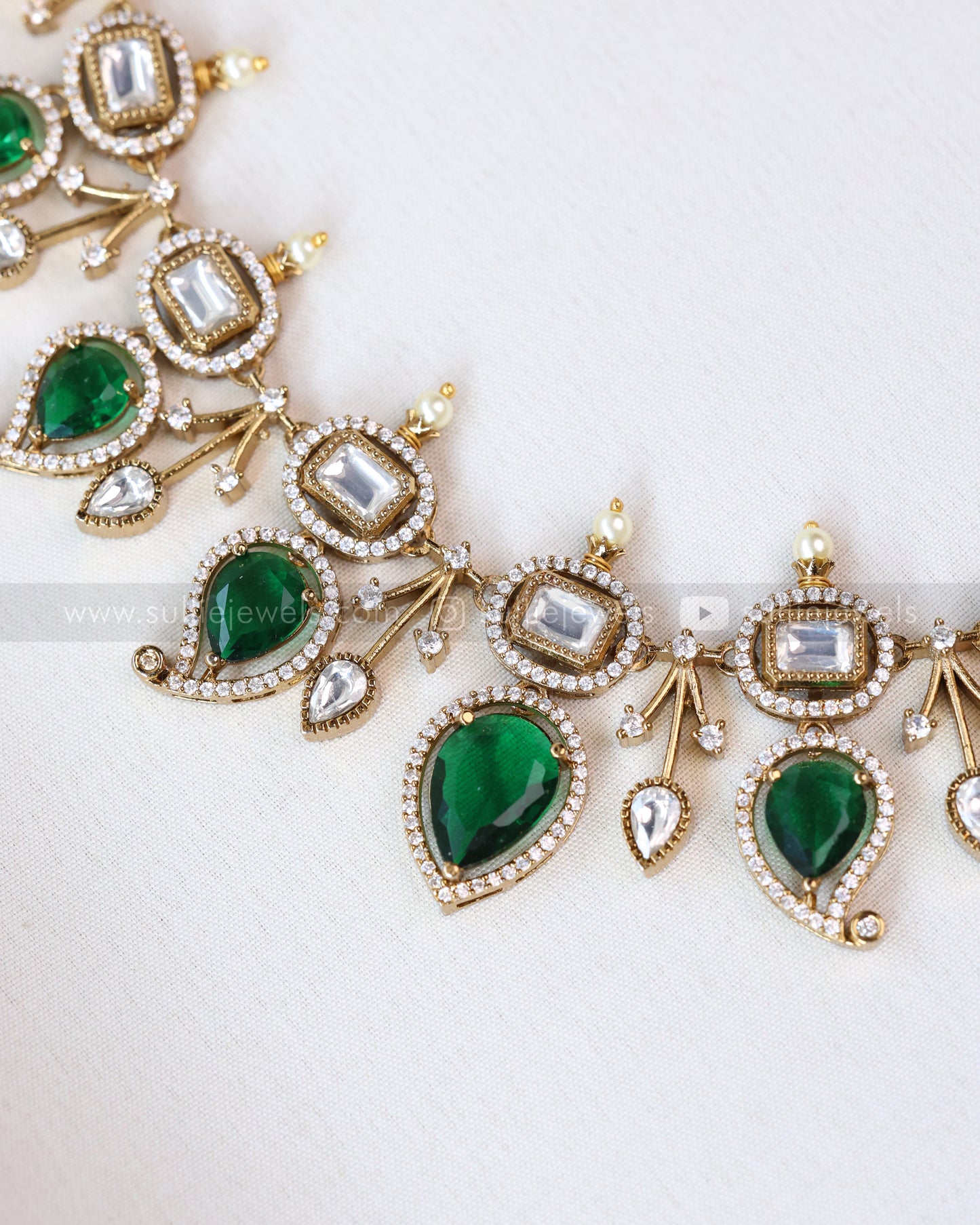 3702 - Green Mango Design Polki Necklace with Earrings