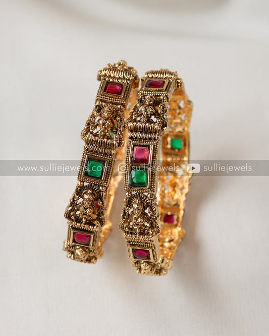 Sullie Basic - Red & Green Lakshmi Stone Gold Bangle - Set of 2