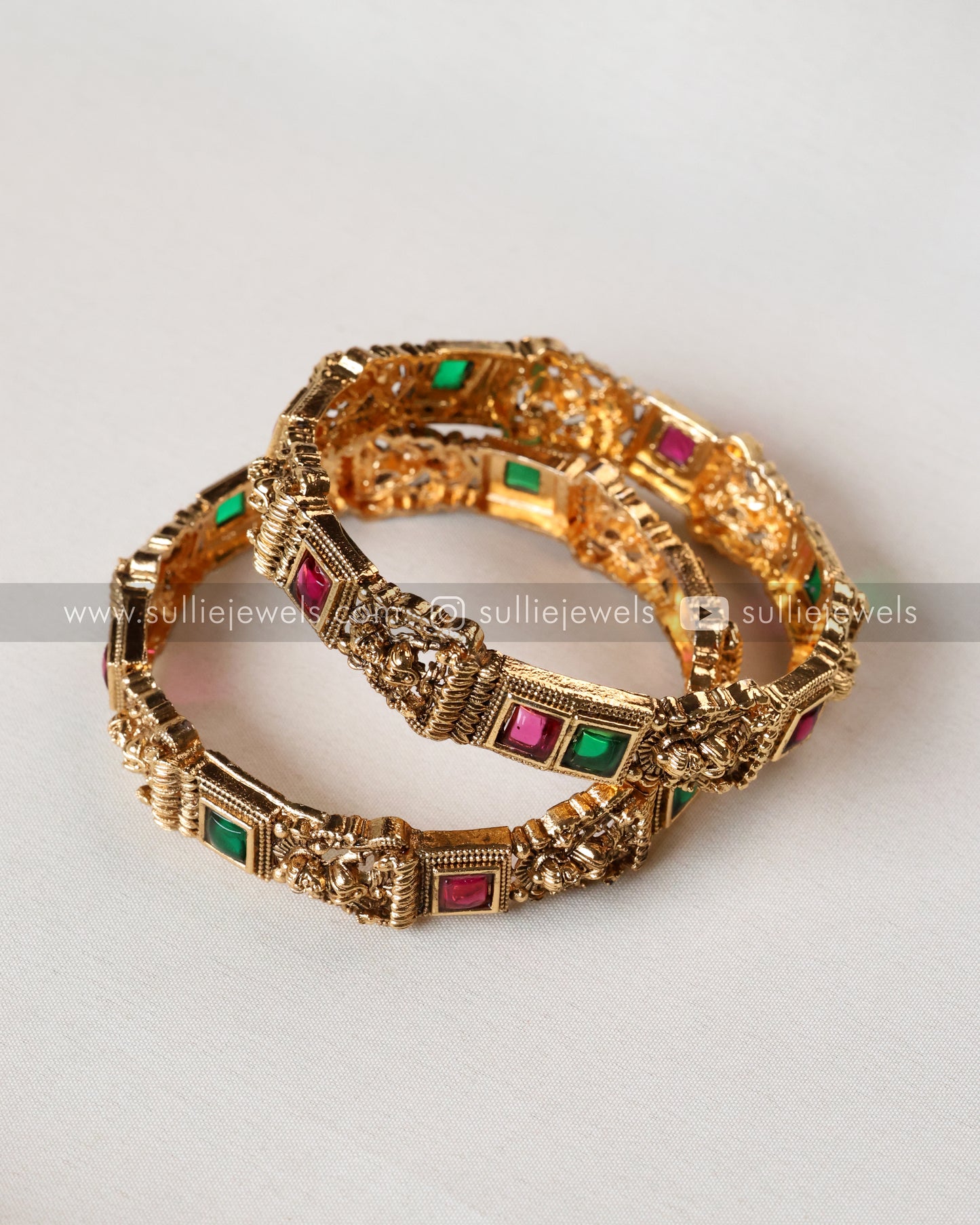 Sullie Basic - Red & Green Lakshmi Stone Gold Bangle - Set of 2