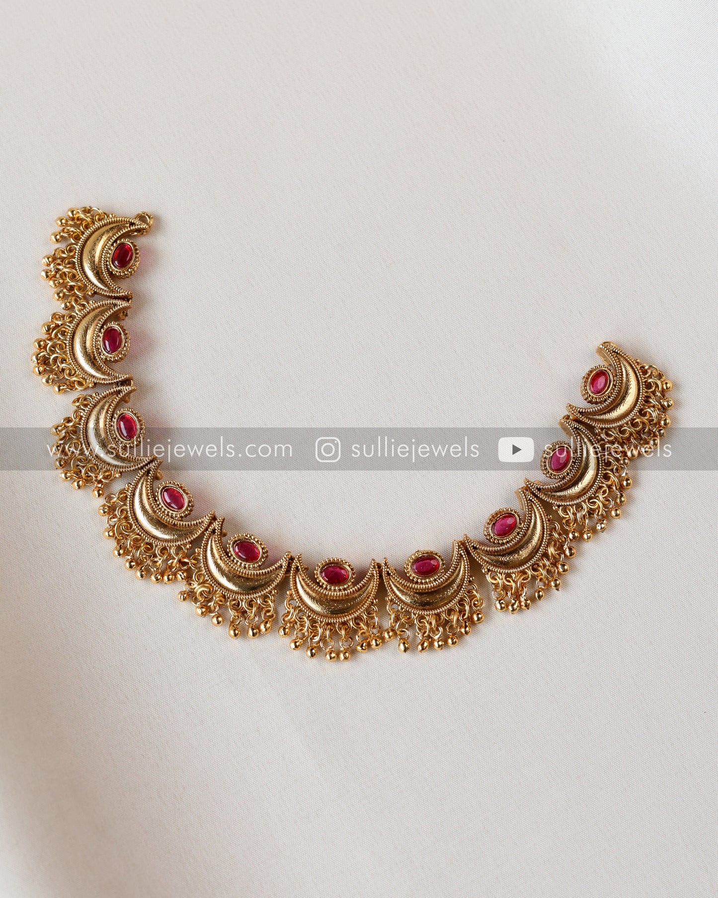 Sullie Basic - Ardha Chandra Gold Beads Ruby Necklace with Stud