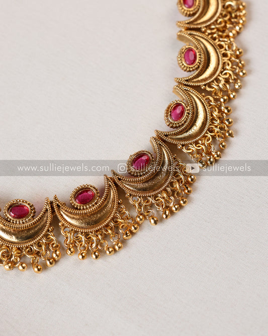 Sullie Basic - Ardha Chandra Gold Beads Ruby Necklace with Stud