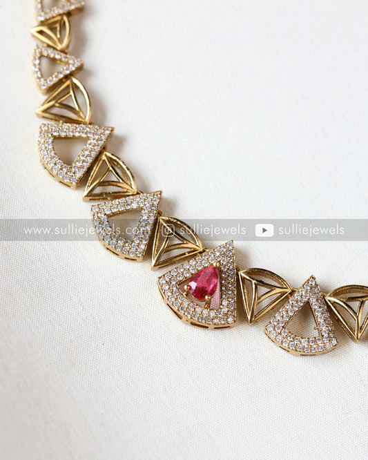 Diamond Triangular Necklace with Stud - Red