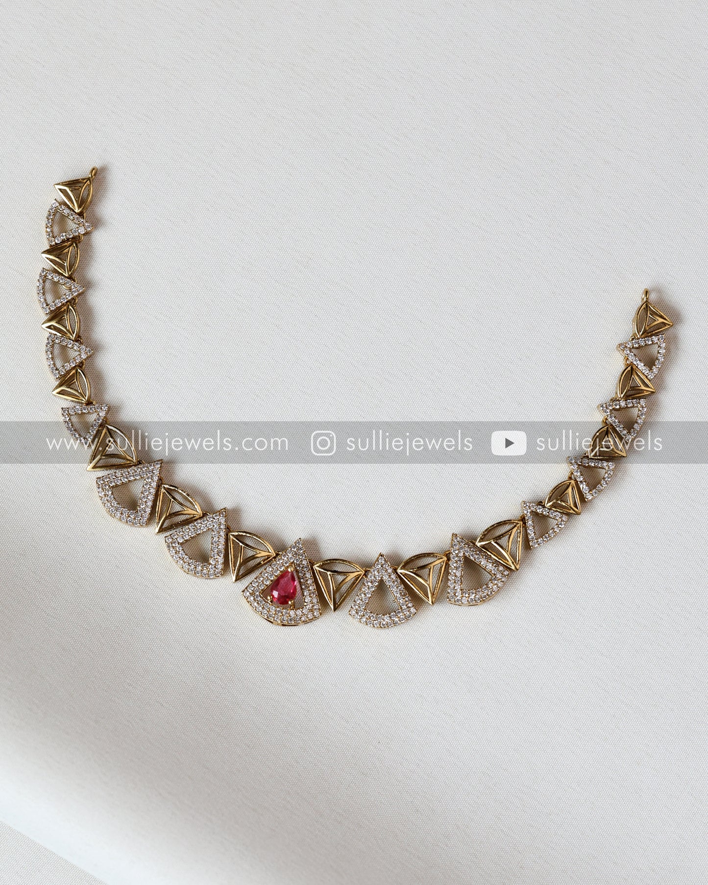 Diamond Triangular Necklace with Stud - Red