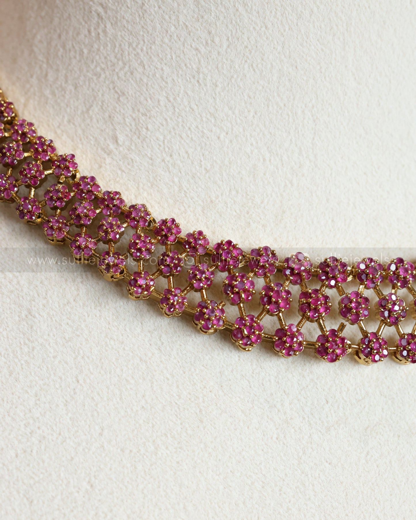 Diamond Lookalike Dark Pink Layer Necklace with Earring