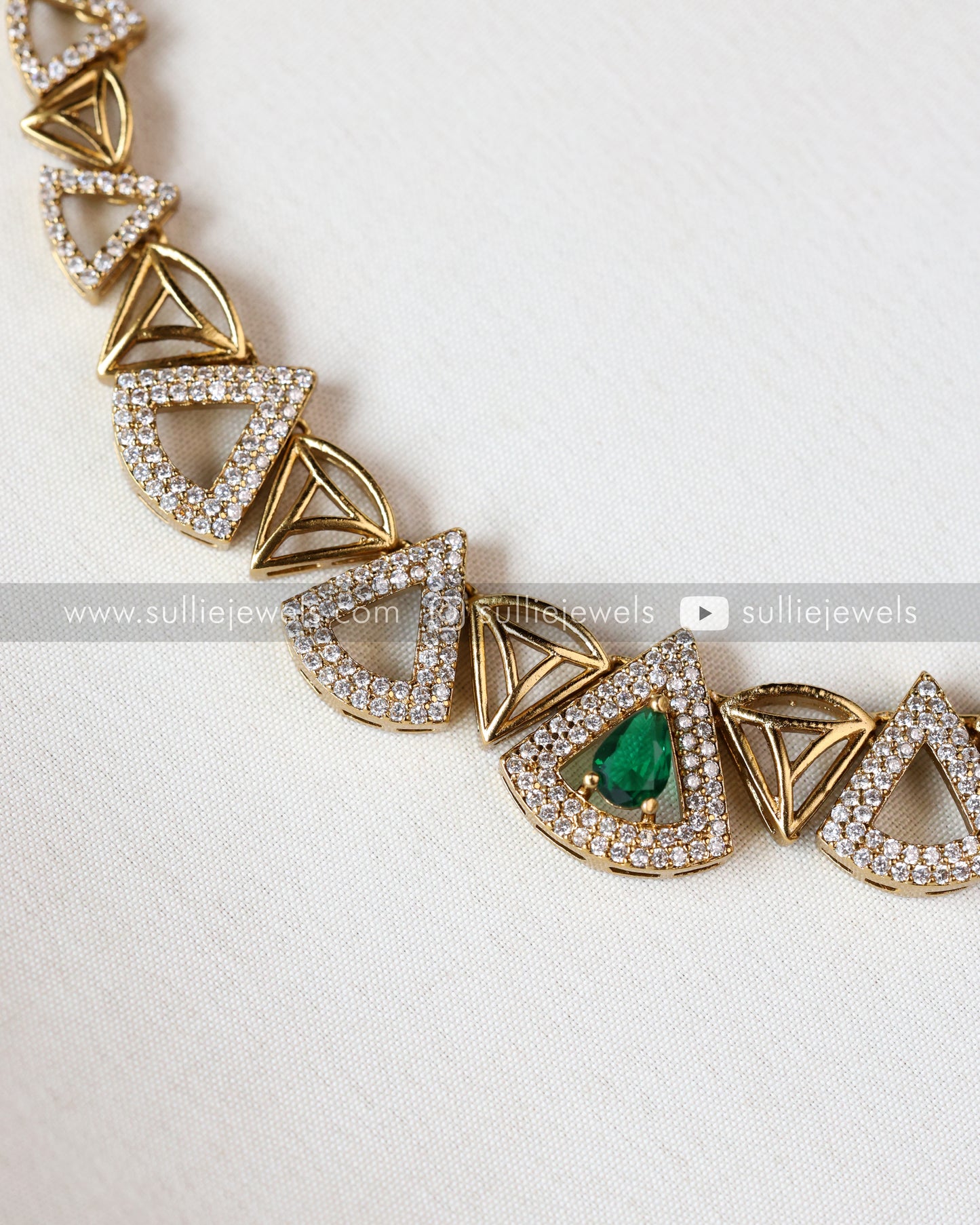 Diamond Triangular Necklace with Stud - Green