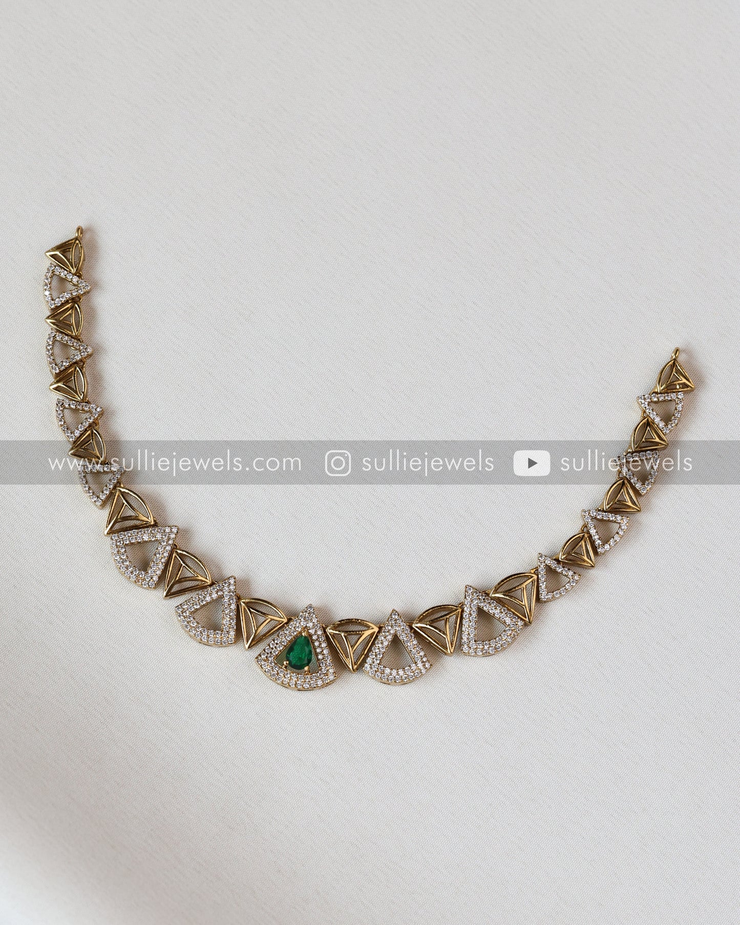 Diamond Triangular Necklace with Stud - Green