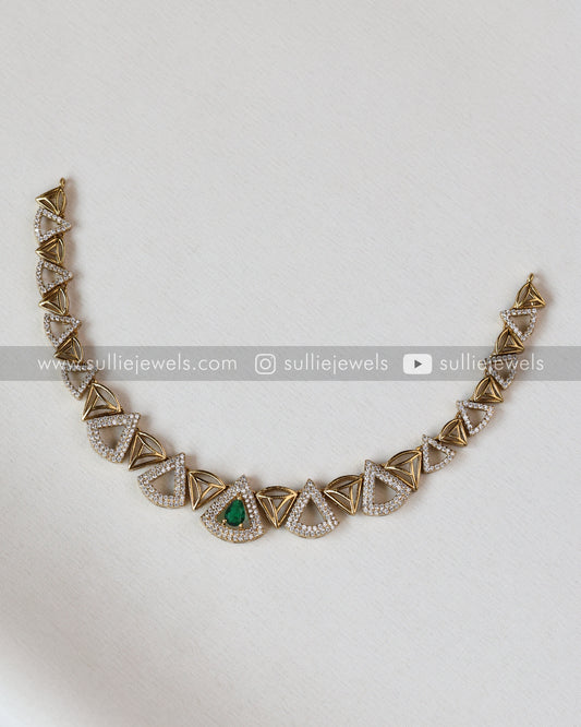 Diamond Triangular Necklace with Stud - Green