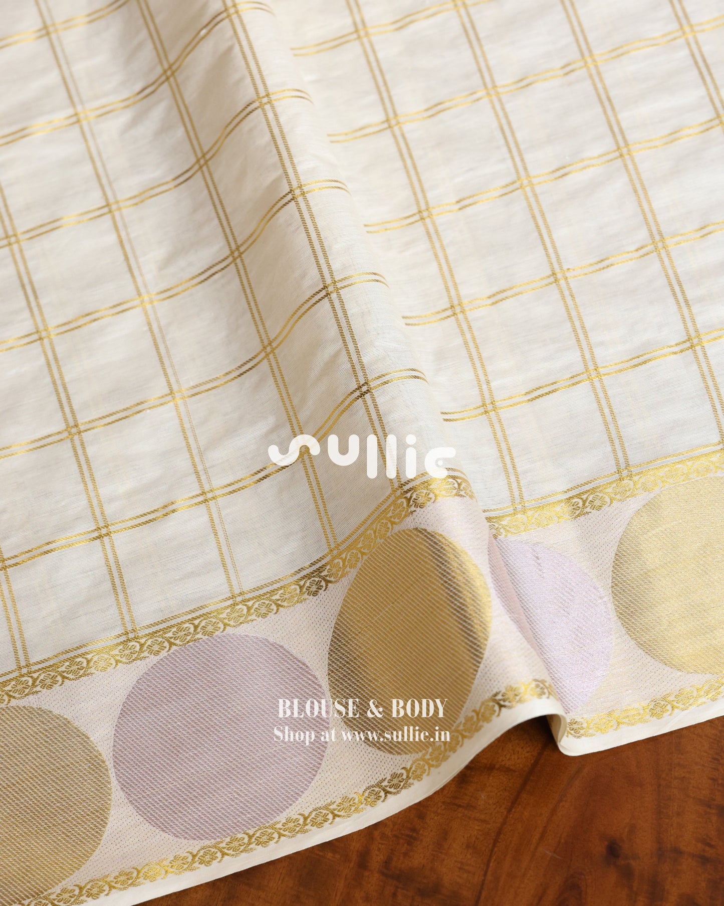 Circles & Stripes - Ivory Tissue Drape with Geometric Gold Accents | Onam Kerala Saree