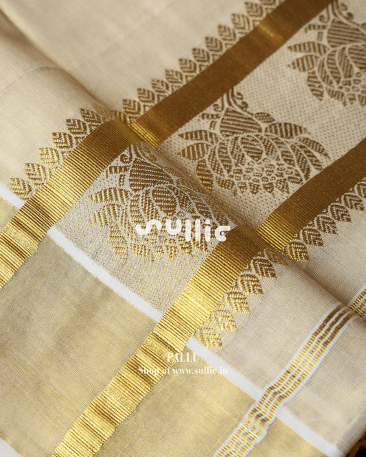 Off-White Golden Leaf Tissue Kerala Saree | Onam Saree