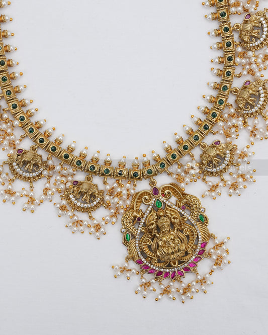 7127 - Lakshmi Elephant Pearl Guttapusalu Long Chain with Earrings