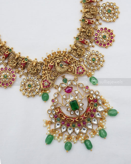 Lakshmi Coral Stone & Green Beads Long Chain / Haaram with Earring