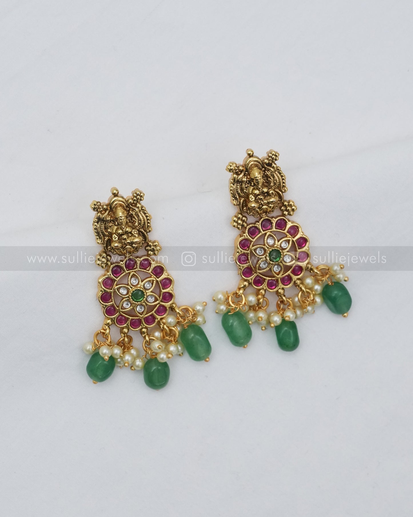 Lakshmi Coral Stone & Green Beads Necklace with Earring