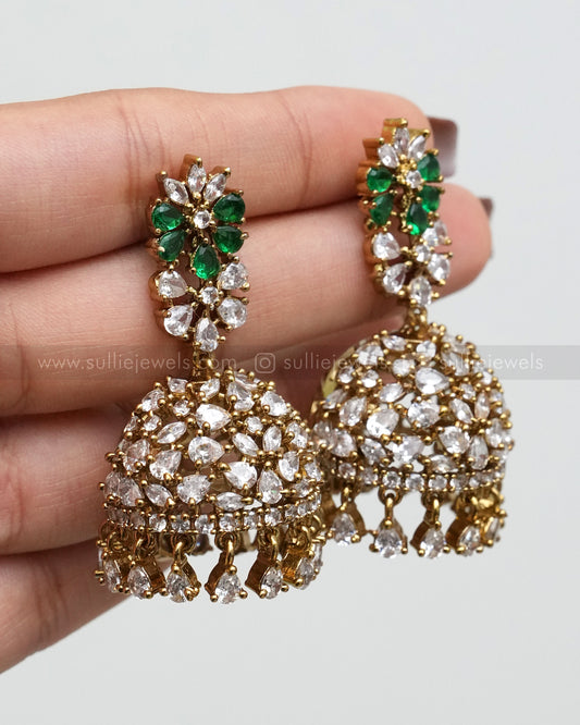 E1173 - Premium Green Floral AD Ball Jhumka