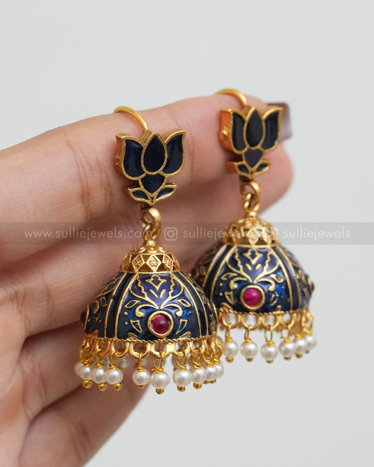 Dark Blue Lotus Meenakari Jhumka