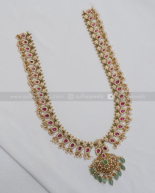 7135 - No Idol - Kemp Guttapusalu Long Chain with Earring - Mint Beads