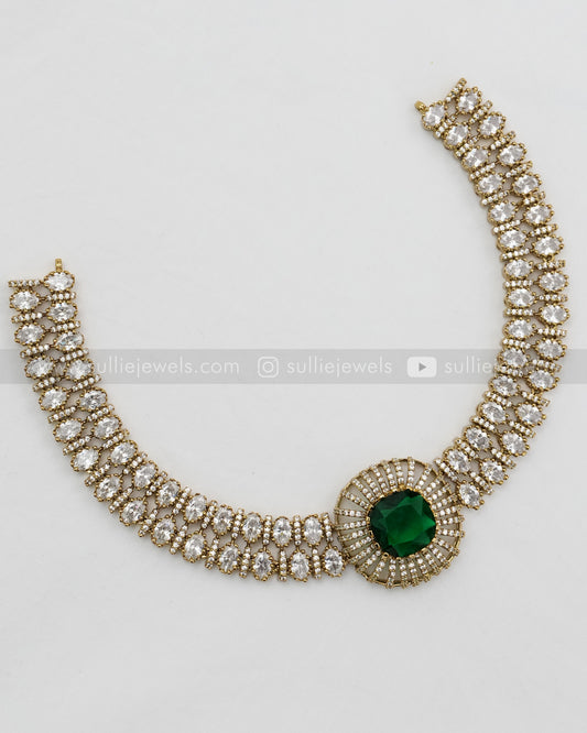 Two Layer AD Stone Emerald Necklace with Stud