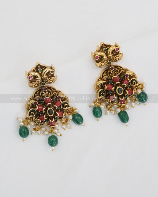 Antique Premium No Idol Coral Double Layer Long Chain / Haaram with Earring