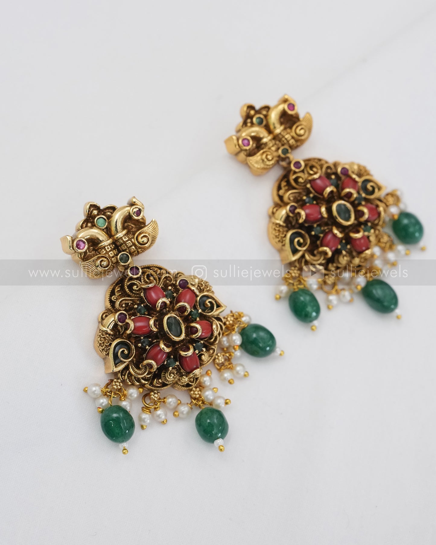 Antique Premium No Idol Coral Double Layer Long Chain / Haaram with Earring