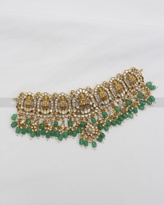 Premium Jadau Kemp Goddess Heavy Choker with Earring - Mint Beads