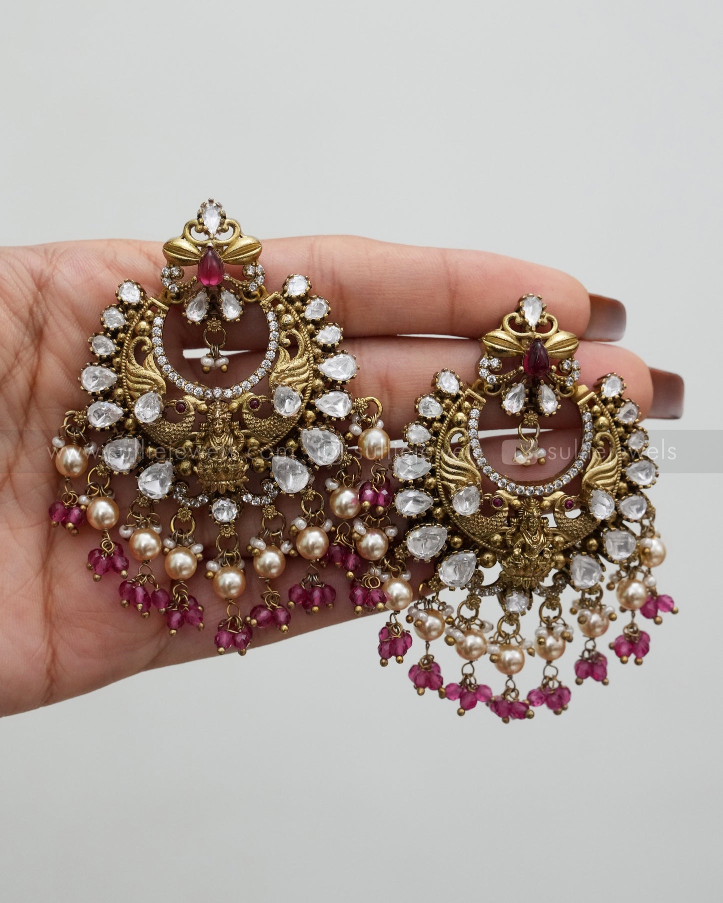Polki Lakshmi Peacock Premium Earring - Red