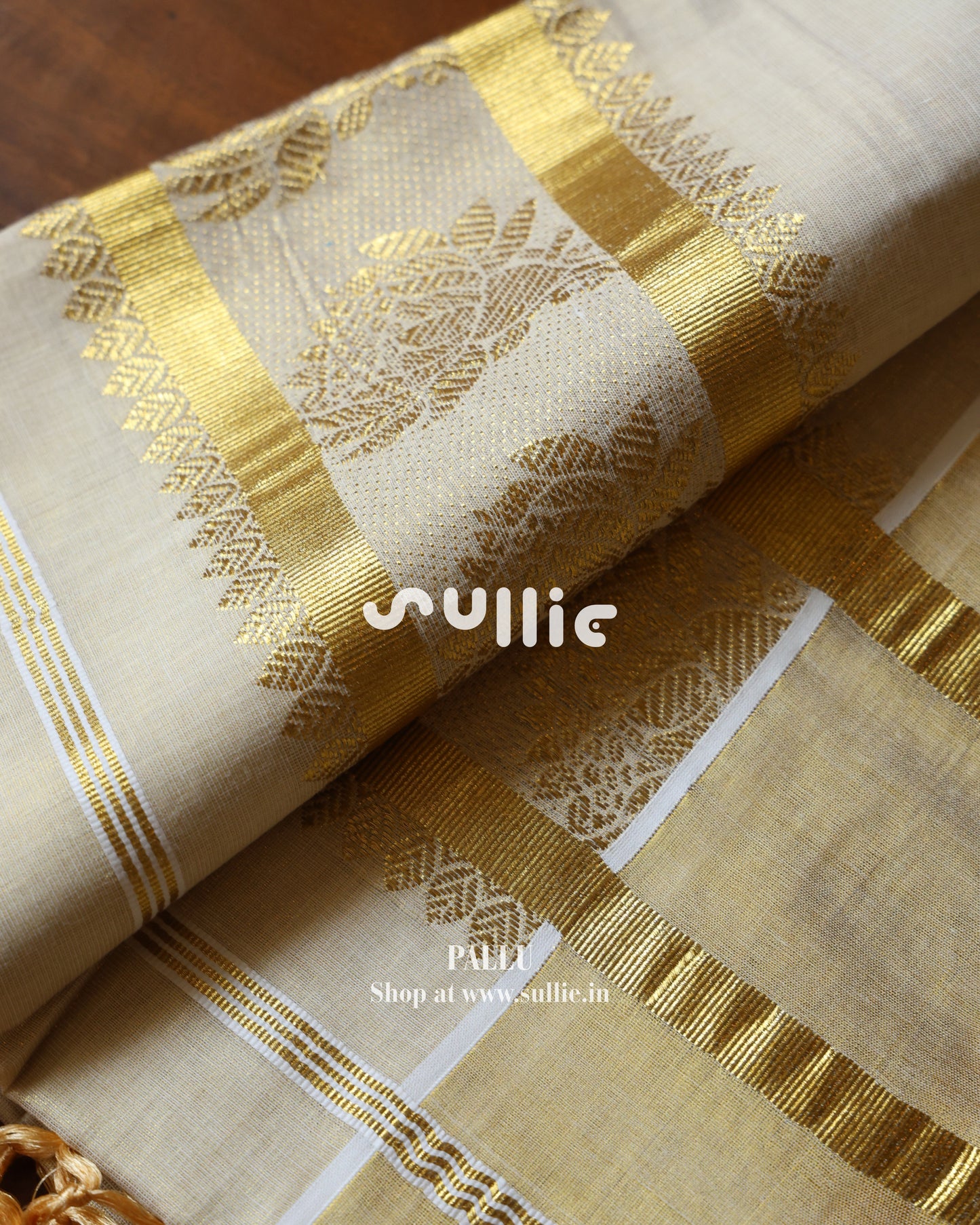 Off-White Golden Leaf Tissue Kerala Saree  | Onam Saree