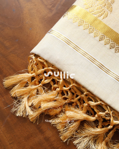 Off-White Golden Leaf Tissue Kerala Saree  | Onam Saree