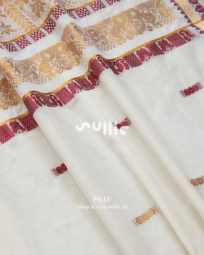 Woven Whispers in Red | Kerala Kasavu Saree with Red Threadwork