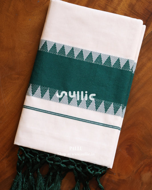 Off-White Emerald Green Kerala Cotton Saree | Onam Saree