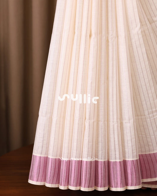 Lilac Silver Zari Lines Kerala Saree | Onam Saree