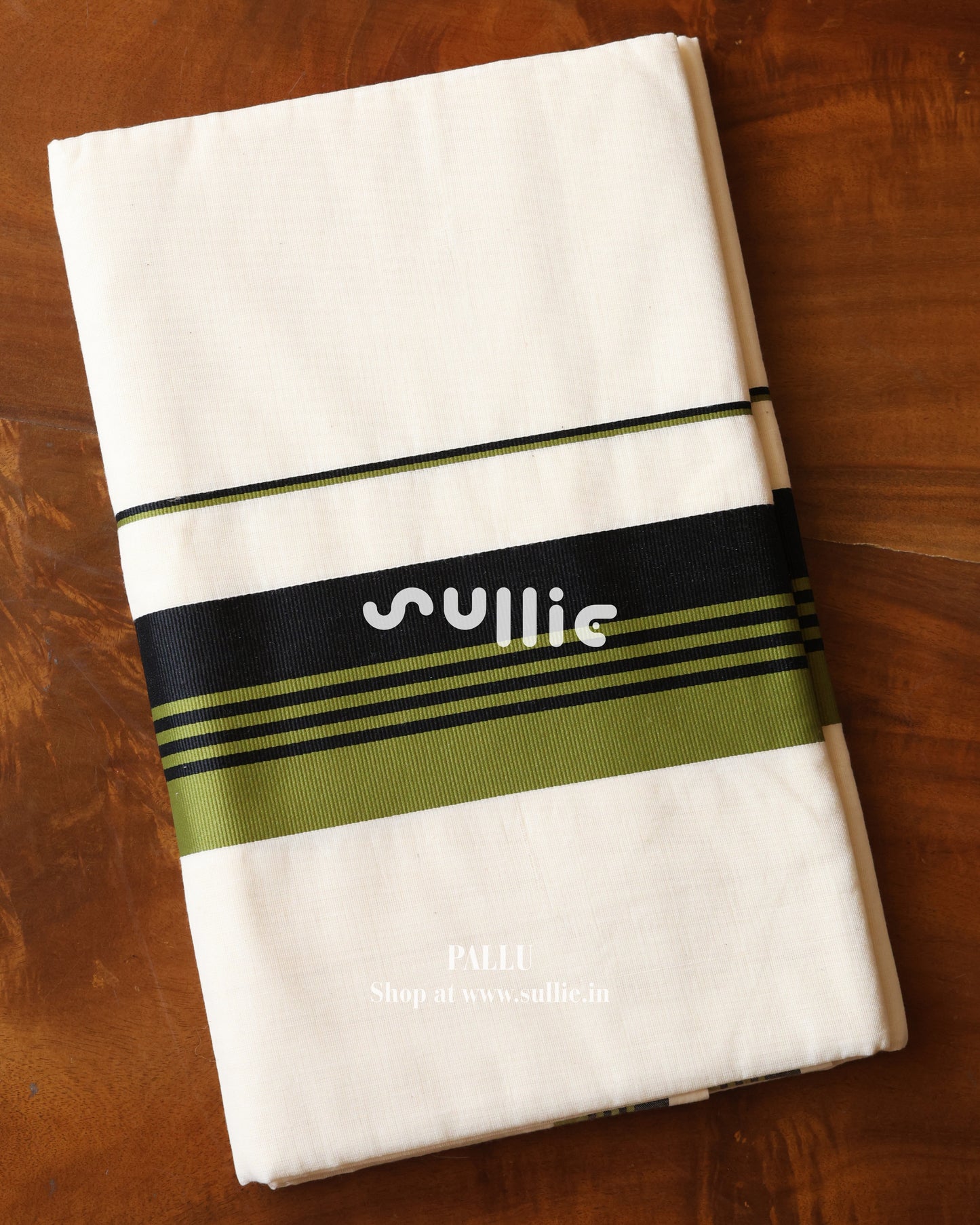 Off-White Olive Green & Black Kerala Cotton Saree | Onam Saree
