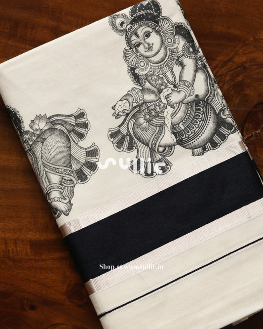Kalamkari Krishna with Venna Kerala Cotton Saree | Onam Saree