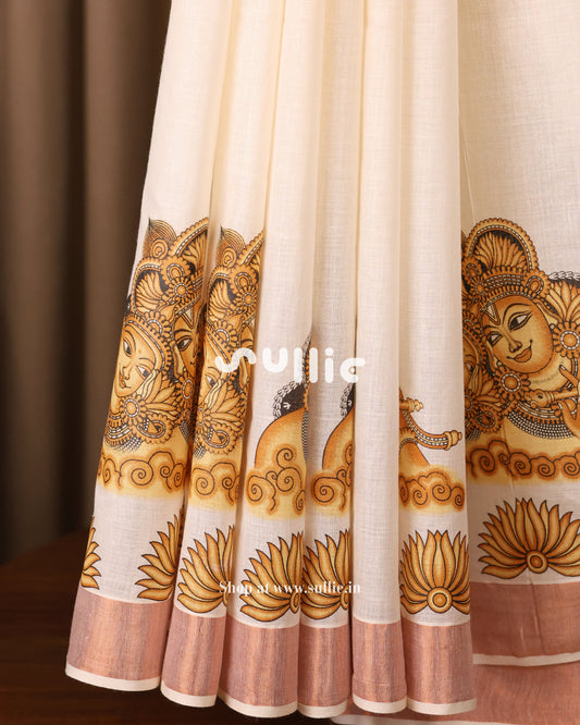 Radha Krishna Mural Kasavu Saree with Rose Gold Kara | Onam Saree