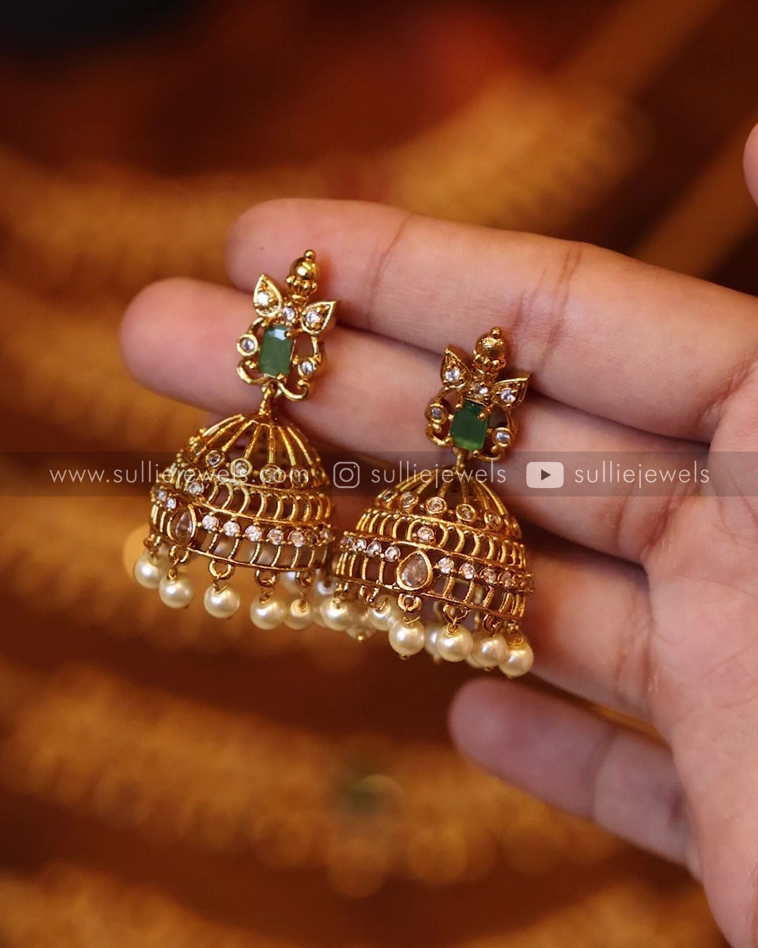 Stone Jhumka with Pearl drops