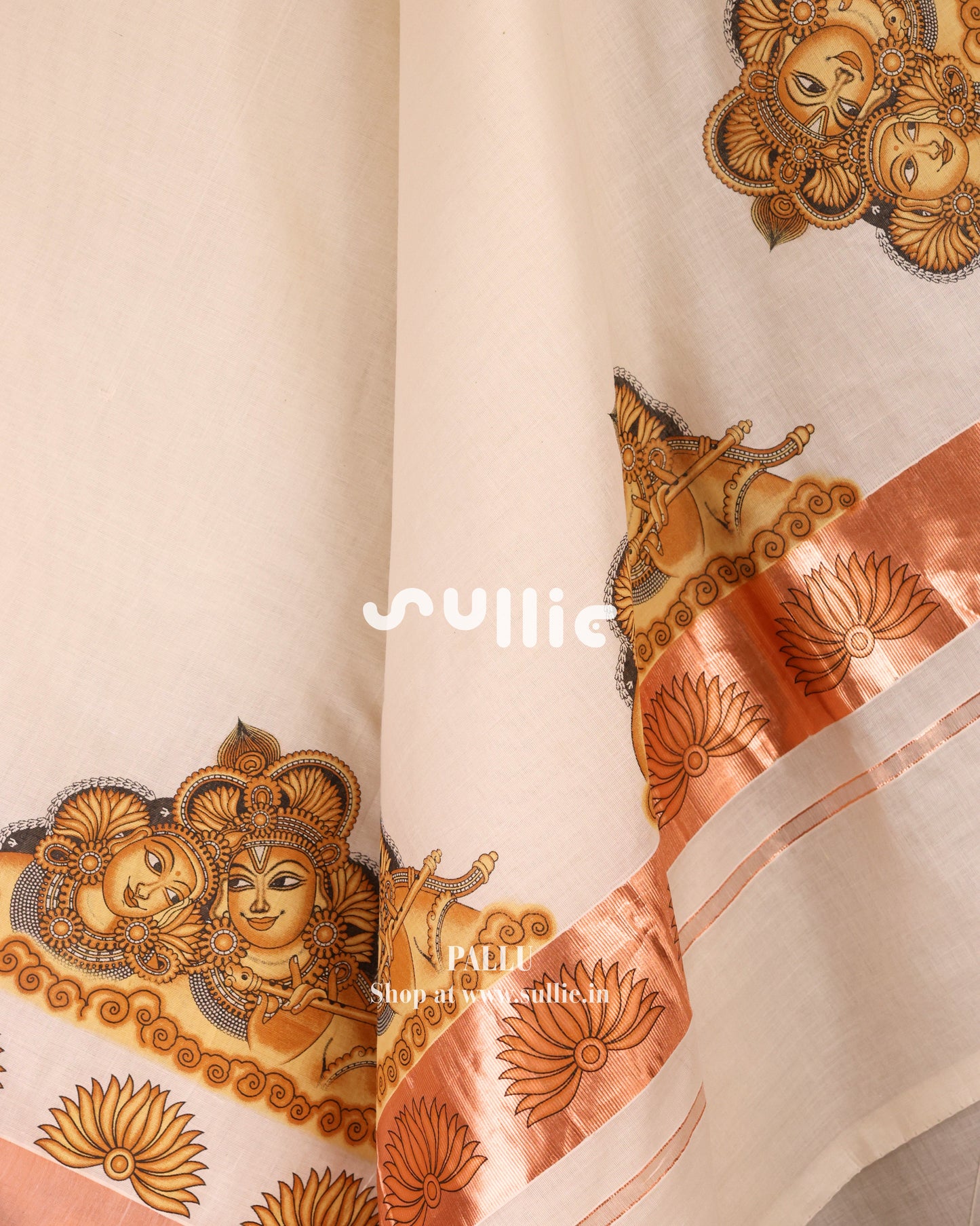 Radha Krishna Mural Kasavu Saree with Rose Gold Kara | Onam Saree