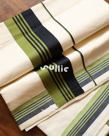 Off-White Olive Green & Black Kerala Cotton Saree | Onam Saree
