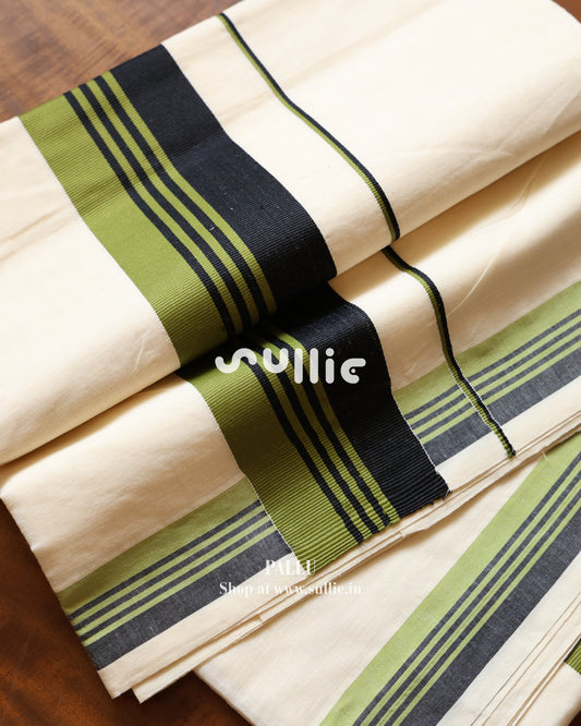 Off-White Olive Green & Black Kerala Cotton Saree | Onam Saree
