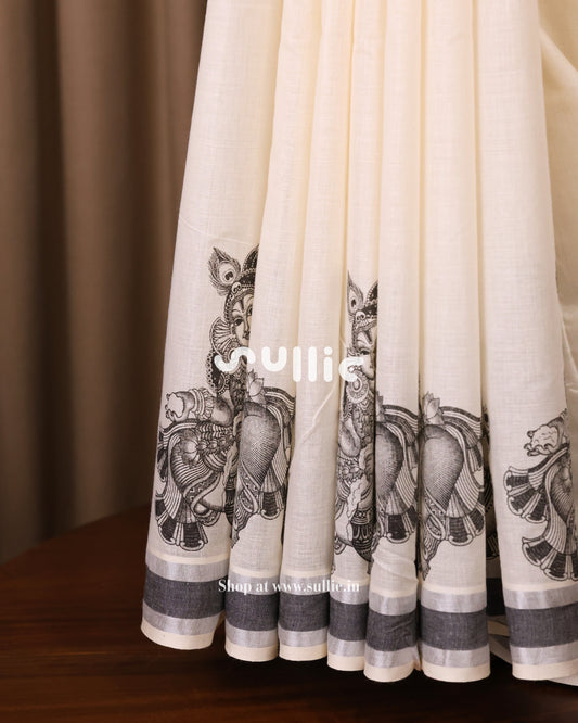Kalamkari Krishna with Venna Kerala Cotton Saree | Onam Saree