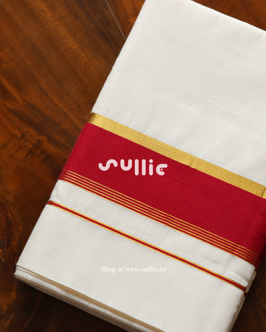 Kerala Kasavu Cotton Saree with Chilli Red Border | Onam Saree