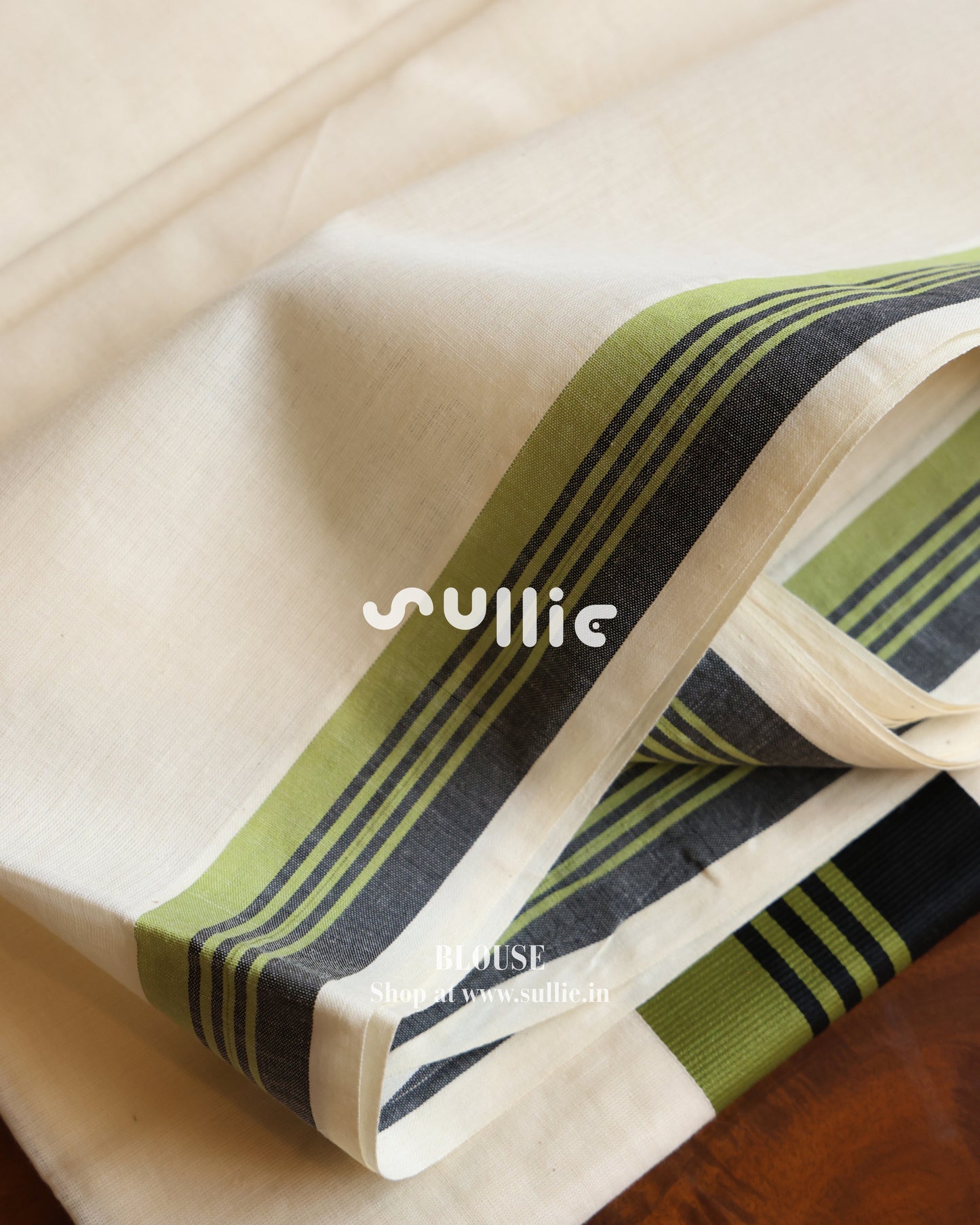 Off-White Olive Green & Black Kerala Cotton Saree | Onam Saree
