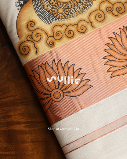 Radha Krishna Mural Kasavu Saree with Rose Gold Kara | Onam Saree